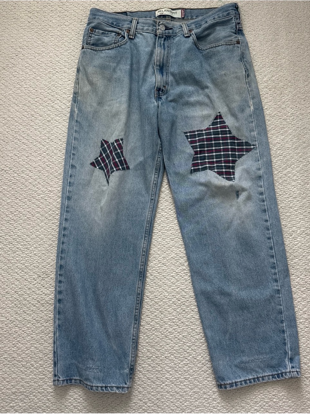 Levi's Light Blue Relaxed Jeans with customized Plaid Star Patches